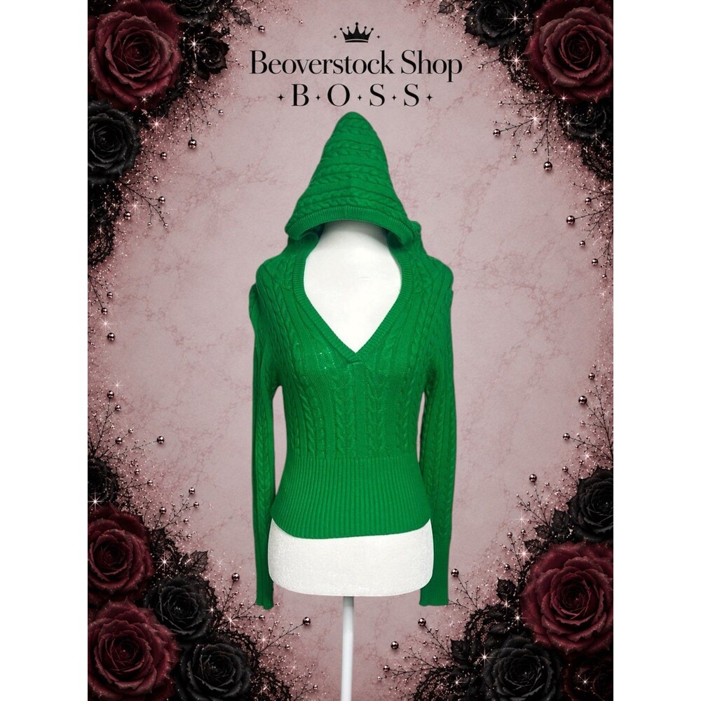 New NWOT Fashion Nova Green Cable Knit Hooded V-Neck Sweater – Size Small